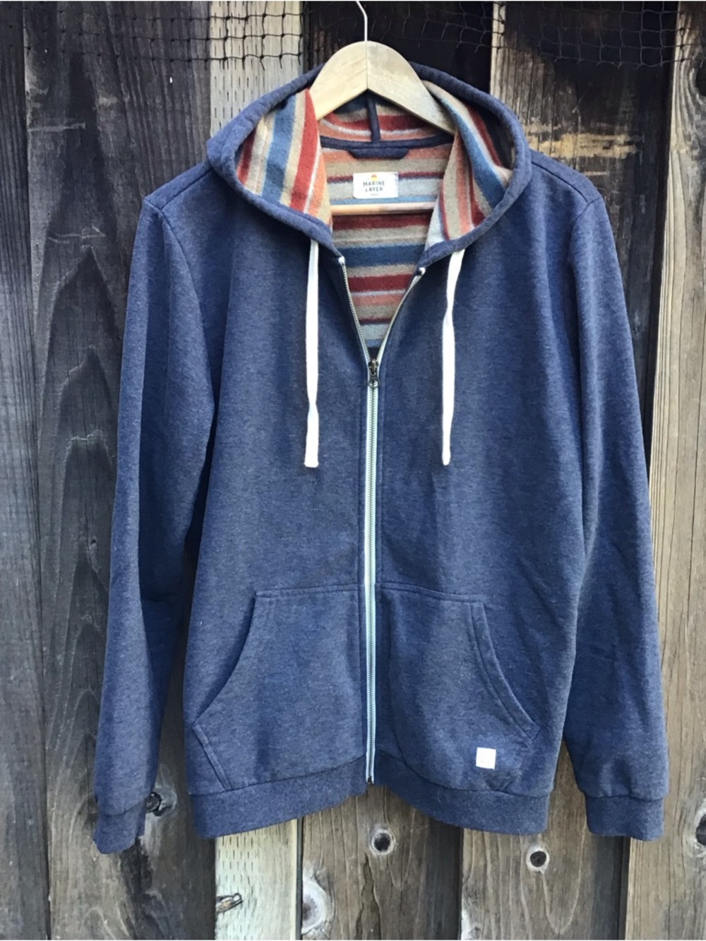 Marine Layer Full Zip Hoodie Small Navy Fleece Lined Striped Interior Casual